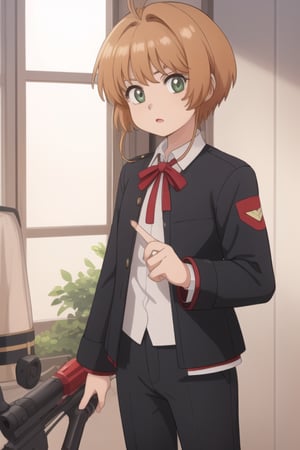 1girl, solo, uniform, looking_at_viewer, long_sleeves, ribbon, pants, front-view, collared, kinomoto sakua, indoors, jacket, rifles, sniper_rifle, sniper