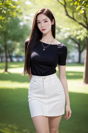 (8k, RAW photo, best quality, masterpiece), (realistic, photo-realistic), (best quality, masterpiece, intricate details:1.1),photorealistic, 1girl, SIGMA 50mm F1.4, (looking at viewer:1.5), (real skin:1.1), glamor, (muscular), Gloss on lips, Staring at me, Realistic, depth of field, (narrow waist:1.5), jessicalorashy, (facing viewer:1.5), (even lighting:1.3), (facing front:1.5), (pale skin:1.5), (standing), (full body photo:1.2), (wide hips:1.5), (slim body:1.5), Enhance, (standing in park:1.5), (long hair:1.2), (angular face:1.2), (short sleeve top:1.5), (tight miniskirt:1.5), (necklace)