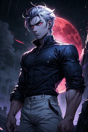 A mysterious solo figure stands tall, gazing directly at the viewer with piercing red eyes that seem to glow in the dimly lit outdoor setting. His hair falls across his forehead, between his eyes, as he maintains a closed-mouth expression. The focus is on his upper body, clad in a black shirt and white trousers, with rolled-up sleeves adding to his menacing aura. A cloudy sky above, with a red moon glowing brightly, casts an eerie ambiance. The figure's villainous vibes are amplified by his intense pose, radiating an air of cool menace as the rain pours down around him.