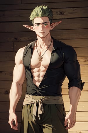 solo male, Kraft\(Frieren: Beyond Journey's End\), elf, masculine, manly, clergy, (olive green hair), short hair, undercut, multicolored hair, green eyes, pointed ears, BREAK undressing, (black above-knee-length-shirt, black shirt, open shirt, open clothing, collarbone, abs, pecs), (wide black pants), (white puttee\(legwraps\):1.2), brown shoes, necklace, mature, handsome, charming, alluring, smile, blush, standing, upper body, perfect anatomy, perfect proportions, best quality, masterpiece, high_resolution, dutch angle, cowboy shot, photo background