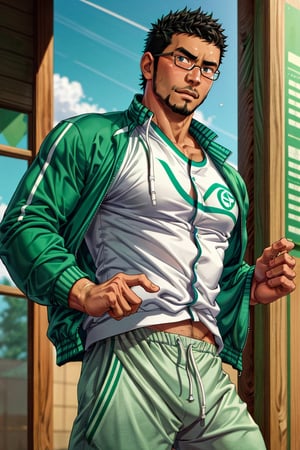 (1 image only), solo male, bara, Kyoichi Ootomo, Live A Hero, Asain, Japanese, athlete, PE teacher, short hair, black hair, streaked hair, sideburns, black eyes, facial hair, goatee, (wore glasses), tan skin, white bandaid on nose, white shirt, ((pure green athletic jacket, open jacket)), grey shorts, sneakers, mature, handsome, charming, alluring, standing, upper body, perfect anatomy, perfect proportions, (best quality, masterpiece), (perfect eyes, perfect eye pupil), perfect hands, high_resolution, dutch angle