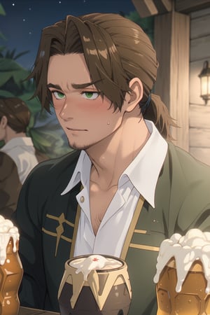 solo male, Sein \(Frieren: Beyond Journey's End\), priest, brown hair, low ponytail, parted bangs, thin hair, stubble, green eyes, (white collared shirt, open shirt, long sleeves), pecs, abs, collarbone, (portrait, close-up, headshot), drunken, blush, sweatdrop, blush, awkward, embarrassed, sweaty shiny skin, handsome, charming, alluring, perfect anatomy, perfect proportions, best quality, masterpiece, high_resolution, dutch angle, photo background, indoor, table, old tavern, night, beer