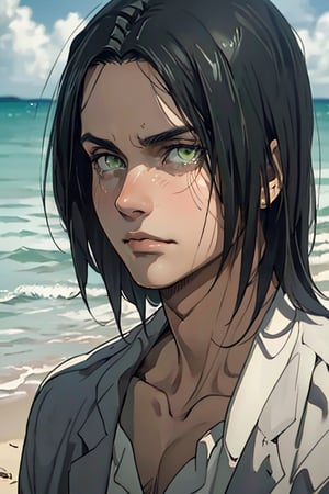 erenad(black hair, medium hair, straight hair,:1.2), (grey-green eyes:1.4), fit body, white shirt, collarbone, charming, alluring, dejected, depressed, sad, (standing), (upper body in frame), simple background(beach, sunny day, endless ocean, mid day), backlight, cloudy blue sky, perfect light, only 1 image, perfect anatomy, perfect proportions, perfect perspective, 8k, HQ, (best quality:1.5, hyperrealistic:1.5, photorealistic:1.4, madly detailed CG unity 8k wallpaper:1.5, masterpiece:1.3, madly detailed photo:1.2), (hyper-realistic lifelike texture:1.4, realistic eyes:1.2), picture-perfect face, detailed eyes, realistic, HD, UHD, front view, tear in eyes 