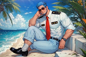 (1 image only), solo male, Wilbur, Animal Crossing, personification, blue hair, short hair, blue facial hair, jawline stubble, black eyes, (aviator sunglasses), aviation pilot uniform, white collor shirt, red necktie, epaulette, blue pants, socks, black footwear, mature, bara, handsome, charming, alluring, smile, shy, blush, large pectorals, (on all four, pov:1.2), looking at viewer, perfect anatomy, perfect proportions, (best quality, masterpiece), (perfect eyes, perfect eye pupil), perfect hands, high_resolution, seaside, summer
