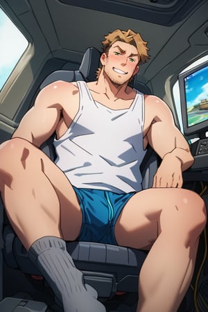 score_9, score_8_up, score_7_up, score_6_up, perfect anatomy, perfect proportions, best quality, masterpiece, high_resolution, high quality, solo male, Gagumber \(Sakugan\), brown hair, two-tone hair, sideburns, facial hair, stubble, green eyes, thick eyebrows, white tank top, blue bengal stripe boxer, loose boxer, grey socks, bare tights, bare legs, legs hair, leg_spread, sitting, blush, grin, mecha cockpit, operator's seat, holding mecha joystick, multiple monitor screen, science fiction, adult, mature, masculine, manly, handsome, charming, alluring, upper body, dutch angle, from below