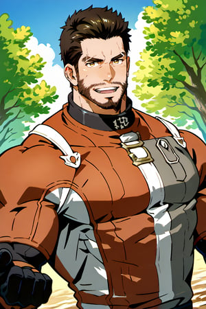 score_9, score_8_up, score_7_up, score_6_up, perfect anatomy, perfect proportions, best quality, masterpiece, high_resolution, high quality, best aesthetic, incredibly absurdres, highres, extremely detailed, huge filesize, mature, masculine, manly, virile, handsome, charming, alluring, bara, male focus, solo male, cowboy shot, (upper body), dutch angle, source_game, official style, Danse, FO4Danse, black hair, short hair, light brown eyes, facial hair, beard, Danse_Outfit01, Brotherhood of Steel bodysuit, two-tone bodysuit, orange/grey bodysuit, gloves, outdoors, Fallout 4 location, post-apocalyptic ruins, desolated landscape, dark blue sky, random pose