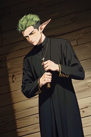 solo male, Kraft\(Frieren: Beyond Journey's End\), elf, masculine, manly, clergy, (olive green hair), short hair, undercut, multicolored hair, green eyes, pointed ears, BREAK (black clothing, above-knee-length-cassock, black cassock with yellow-cuff-trim:1.4), button up cassock, (wide black pants), (cream-colored-stole-scarf:1.2), white puttee, shoes, necklace, mature, handsome, charming, alluring, standing, upper body, perfect anatomy, perfect proportions, best quality, masterpiece, high_resolution, dutch angle, cowboy shot, photo background