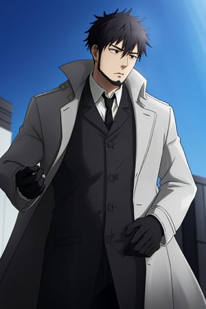 (1 image only), solo male, Genma Shizume, Darker than Black, Asian, Japanese, black hair, chinstrap beard, sideburns, black eyes, (white collared shirt, black neckti, black jacket, brown overcoat, open overcoat), black pants, black gloves, mature, handsome, charming, allurin, standing, upper body, perfect anatomy, perfect proportions, best quality, masterpiece high_resolution, dutch angle, cowboy shot  