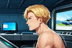 score_9, score_8_up, score_7_up, score_6_up, perfect anatomy, perfect proportions, best quality, masterpiece, high_resolution, high quality, aesthetic, absurdres, solo male, Lewis Smith, blond hair, short hair, sideburns, green eyes, nude, bare shoulder, mecha cockpit, (close up, from side, headshot), mature, handsome, charming, alluring, masculine, serious, intense eyes, v-shaped eyebrows, mad, passionate, look outside, leaning forward, sitting in huge industrial mecha, mecha cockpit, BREAK (eyes focus, cropped:1.4), dutch angel, photo background, science fiction, mecha, multiple monitors, cinematic, mecha, cinematic still, emotional, harmonious, bokeh, cinemascope, moody, epic, gorgeous, inside the mecha, BREAK (emphasis lines, motion lines, motion blur)