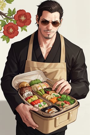 solo male, Tatsu, Japanese, househusband, yakuza, tattoos on body, black hair, slicked back hair, stubble, dark brown eyes, scar on face, casual-formal wear, dark collared shirt, black jacket, long sleeves, black pants, cream-colored apron, (aviator sunglasses), black shoes, toned male, mature, handsome, charming, alluring, smirk, (holding bento, Japanese-style packed lunch), delicious food, upper body, perfect anatomy, perfect proportions, best quality, masterpiece, high_resolution, dutch angle, photo background, modern bright kitchen, pov, sunlight, bright background, (perfect hands, perfect fingers:1.1), (Hands:1.1), better_hands