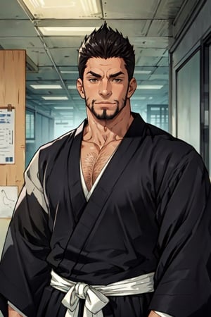 1boy, solo, Isshin Kurosaki, BLEACH, anime, tall, muscular man,(black hair), brown eyes, thin facial hair around mouth and on cheeks, 40 years old, mature, pure black male Kimono, black Hakama, white Kimono belt, manly, masculine, handsome, charming, alluring, office, (standing), (upper body in frame), perfect light, perfect anatomy, perfect proportions, perfect perspective, 8k, HQ,  (best quality:1.2, masterpiece:1.2, madly detailed), perfect face, front view, portrait