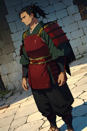 solo male, Shuro \(Delicious in Dungeon\), samurai, black eyes, black hair, ponytail, stubble, japanese armor, green Juban \(kimono\), breastplate, kusazuri, shoulder armor, sode, kote, puttee, sandals, handsome, charming, alluring, standing, upper body, perfect anatomy, perfect proportions, best quality, masterpiece, high_resolution, dutch angle, cowboy shot, photo background,Shuro