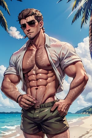 jean_kirstein, solo, short hair, brown hair, shirt, 1boy, navel, nipples, white shirt, male focus, outdoors, open clothes, sky, shorts, day, cloud, wet, open shirt, muscular, facial hair, beach, abs, sunglasses, pectorals, muscular male, bara, beard, large pectorals, cigarette, hand in pocket, palm tree, stubble, smoking, bare pectorals, chest hair, male swimwear, navel hair, arm hair, hairy, HQ, photorealistic, masterpiece:1.5, best quality, beautiful lighting, realistic, real image, intricate details, everything in razor sharp focus, perfect focus, perfect face, extremely handsome, Photograph, masterwork, supreme resolution, 32K, ultra-defined , ,(MkmCut),(1man)