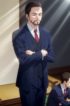 solo male, Maeda, Asobi Asobase, butler, black hair, short hair, black eyes, facial hair, dark blue 3 Piece Suit, formal, white collared shirt, red necktie, dark blue vest, dark blue jacket, dark blue pants, mature, handsome, charming, alluring, calm, polite, standing, upper body, perfect anatomy, perfect proportions, best quality, masterpiece, high_resolution, cowboy shot, (simple background), ((light rays, holy lights from above)), closed eyes, ((folding hands together, Añjali Mudrā hands gesture)), view from front 
