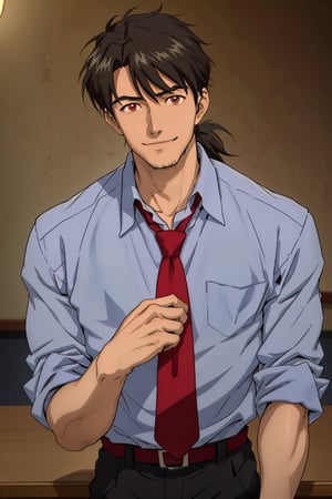 (1 image only), solo male, Ryoji Kaji, Neon Genesis Evangelion, Asian, Japanese, dark brown hair, bangs, short ponytail, dark brown eyes, (thin stubble), blue collared shirt, red sleeves rolled up, necktie, black pants, smile, (mature, masculine), handsome, charming, alluring, pov, upper body, table, perfect anatomy, perfect proportions, 2D, anime, (best quality, masterpiece), ((perfect eyes, perfect eye pupil)), perfect hands, high_resolution, dutch angle