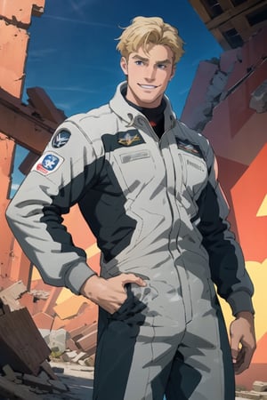 solo male, Lewis Smith \(Brave Bang Bravern\), blond hair, short hair, blue eyes, (((grey pilot jumpsuit, gray pilot  jumpsuit, grey sleeves))), black boots, mature, handsome, charming, alluring, muscular, beefy,, ((heart hands)), blush, grin, standing, upper body, perfect anatomy, perfect proportions, best quality, masterpiece, high_resolution, dutch angle, cowboy shot, photo background, tokyo city ruin, ocean, sky, science fiction, mecha
