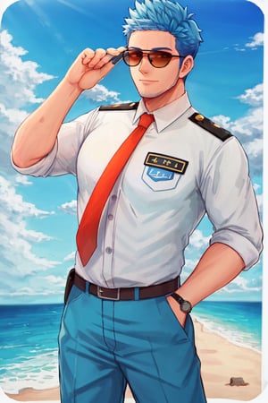 (1 image only), solo male, Wilbur, Animal Crossing, personification, pure blue hair, short hair, black eyes, blue facial hair, jawline stubble, aviation pilot uniform, white collor shirt, red necktie, epaulette, aviator sunglasses, blue pants, socks, black footwear, bandaid on nose, mature, dilf, bara, handsome, charming, alluring, smile, standing, upper body, hand in pocket, pectoral cleavage, perfect anatomy, perfect proportions, (best quality, masterpiece), (perfect eyes, perfect eye pupil), perfect hands, high_resolution, dutch angle, cowboy shot, seaside, summer
