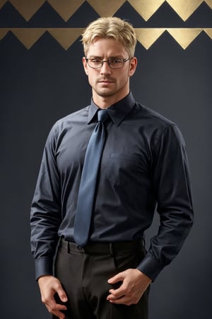 (1 image only), solo male, reiner braun, hazel eyes, blond hair, short hair, bare forehead, (facial hair, stubble), (black glasses1.2), (pure light-blue collared shirt1.2, deep-blue necktie:1.2, black pants), (tucked-in shirts), mature, manly, hunk, masculine, virile, confidence, charming, alluring, slight smile, standing, upper body in frame, (1920s artdeco style luxury black and gold pattern background:1.2), perfect anatomy, perfect proportions, 8k, HQ, (best quality:1.5, hyperrealistic:1.5, photorealistic:1.4, madly detailed CG unity 8k wallpaper:1.5, masterpiece:1.3, madly detailed photo:1.2), (hyper-realistic lifelike texture:1.4, realistic eyes:1.2), picture-perfect face, perfect eye pupil, detailed eyes,perfecteyes,