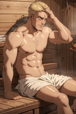8k, HQ, masculine, photorealistic, wet white towel, rugged body, sweaty shiny skin,sitting,  sitting in sauna, steamy, head down, face facing the floor, high pressure, nervous, frustrated, dejected, depression,reiner_braun, topless, hunchback, both 2 hands hanging between legs