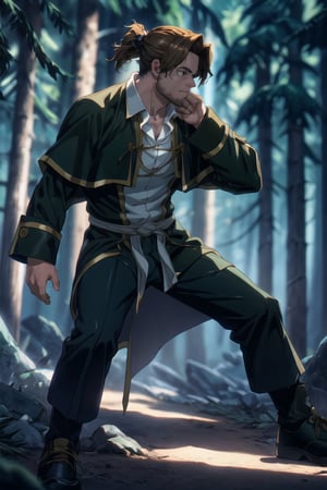 solo male, Sein \(Frieren: Beyond Journey's End\), priest, brown hair, low ponytail, parted bangs, thin hair, stubble, green eyes, white collared shirt, (shirt white hems, untucked shirt:1.3), dark coat with a golden accent, dark capelet, (dark sleeves), black pants, black footwear. open coat, mature, handsome, charming, alluring, serious, intense eyes, fighting stance, light beam, (night, dark) holding a book, magic, glowing, perfect anatomy, perfect proportions, best quality, masterpiece, high_resolution, dutch angle, cowboy shot, photo background, forest, Balance and coordination between all things), real light and shadow, perspective, composition, adventurous, energy, exploration, contrast, experimental, unique, cinematic, atmospheric, epic, ultrarealsitc