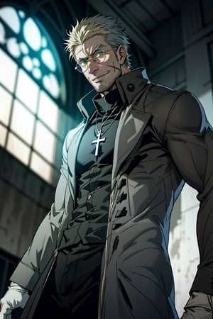 solo male, Alexander Anderson, Hellsing, Catholic priest, short silver-blond hair, green eyes, crazy eyes, tanned skin, defined squared jaw, light facial hair, wedge-shaped scar on left cheek, round glasses, (topless. bare chest, bare neck, bare belly), (grey coat, open coat:1.5), 
 black trousers, black boot, white gloves, silver cross necklace, (single cross:1.2), mature, middle-aged, imposing, tall, handsome, charming, alluring, slight smile, calm, kindly, affable, upper body, perfect anatomy, perfect proportions, best quality, masterpiece, high_resolution, dutch angle, cowboy shot, photo background, Vatican City, indoors


