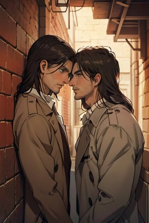 couple, ((2people)), first man giver(Eren Jaeger, ,erenad, black hair, long hair, long straight hair, hair down, stubble, grey-green eyes:1.3), second mature man receiver(reiner braun, blond hair, stubble, hazel eyes:1.2), (uniform, white collared shirt, opem brown trench coat:1.2), (different hair style, different hair color, different face:1.3), makeout, eye contact, gay, homo, slight shy, charming, alluring, seductive, highly detailed face, detailed eyes, perfect light, 1930s military red brick basement, retro, oil lamp light outside frame, (best quality), (8k), (masterpiece), best quality, 1 image, manly, perfect anatomy, perfect proportions, perfect perspective 