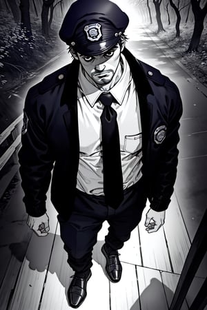 (1 image only), solo male, Agawa Daigo, Gannibal, Asian ,Japanese, black hair, short hair, (stubble), black eyes, policeman, white collared shirt, dark blue necktie, black jacket, long sleeves, buttoned up jacket, dark blue pants, black shoes, Japanese police peaked cap, mature, handsome, charming, alluring, perfect anatomy, perfect proportions, (best quality, masterpiece), (perfect eyes), perfect hands, high_resolution, dutch angle, cowboy shot, rural .pastoral, forest, creep, suspense, horror, manga, greyscale, monochrome,boichi manga style