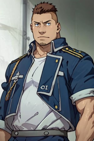 (1 image only), solo male, 1boy, Heymans Breda, Fullmetal Alchemist, anime, 2D, blue eyes, brown hair, short hair, high fade, stubble, handsome, chubby, open blue military uniform, white shirt, manly, hunk, masculine, virile, confidence, charming, alluring, upper body in frame, perfect anatomy, perfect proportions, 8k, HQ, (best quality:1.5, hyperrealistic:1.5, photorealistic:1.4, madly detailed CG unity 8k wallpaper:1.5, masterpiece:1.3, madly detailed photo:1.2), (hyper-realistic lifelike texture:1.4, realistic eyes:1.2), high_resolution, picture-perfect face, perfect eye pupil, detailed eyes, perfecteyes, perfecteyes, dutch angle