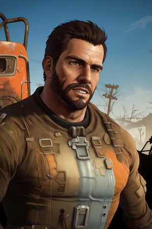 solo male, realistic, Paladin Danse, Fallout 4, short hair, warm black hair, light brown eyes, beard, orange-gray Brotherhood of Steel uniform, orange bodysuit, gloves, boots, mature, handsome, charming, alluring, ((portrait, headshot, close-up)), perfect anatomy, perfect proportions, best quality, masterpiece, high_resolution, dutch angle, photo background, ruined overhead interstate, Fallout 4 location, post-apocalyptic ruins, desolated landscape, dark blue sky,Masterpiece