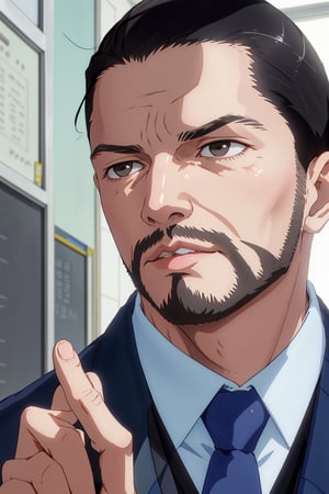 solo male, Maeda, Asobi Asobase, butler, black hair, short hair, black eyes, facial hair, dark blue 3 Piece Suit, formal, white collared shirt, red necktie, dark blue vest, dark blue jacket, dark blue pants, mature, handsome, charming, alluring, calm, polite, portrait, close-up, perfect anatomy, perfect proportions, best quality, masterpiece, high_resolution simple background, classroom, (pathetic face, meme), view from below
