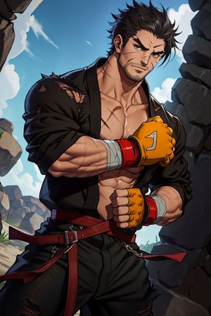 solo male, Grappler, Dungeon Fighter Online, black hair, short hair, brown eyes, thick eyebrows, forked eyebrows, stubble, green eyes, scars on face, scar on cheek, scar on chest, pectorals, pectoral cleavage, rn black dougi, black pants, red martial arts belt, yellow fingerless gloves, barefoot, bandaged hand, toned male, mature, handsome, charming, alluring, serious, fighting stance, upper body, perfect anatomy, perfect proportions, (perfect eyes), best quality, masterpiece, high_resolution, dutch angle, cowboy shot, photo background