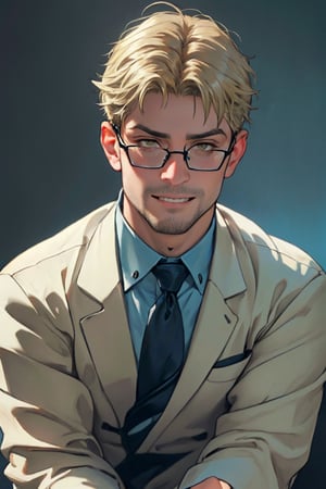(1 image only), solo male, reiner braun, hazel eyes, blond hair, short hair, bare forehead, (facial hair, stubble1.2), (black glasses1.2), (light-blue collared shirt1.2, deep-blue necktie:1.2, black pants), (tucked-in shirts), mature, manly, hunk, masculine, virile, confidence, charming, alluring, smile, standing, upper body in frame, (1920s artdeco style background, artdeco golden and black luxury background), perfect anatomy, perfect proportions, 8k, HQ, (best quality:1.5, hyperrealistic:1.5, photorealistic:1.4, madly detailed CG unity 8k wallpaper:1.5, masterpiece:1.3, madly detailed photo:1.2), (hyper-realistic lifelike texture:1.4, realistic eyes:1.2), picture-perfect face, perfect eye pupil, detailed eyes,perfecteyes