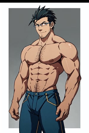 1boy, solo, Maes Hughes, Fullmetal Alchemist, anime,  2D, tall, lean, black hair, jovially spiky hair, brown eyes, (rectangular spectacles framed), 29 years old, mature, topless, shirtless, pure blue pants, manly, masculine, handsome, charming, alluring, (standing), (upper body in frame), perfect light, perfect anatomy, perfect proportions, perfect perspective, 8k, HQ,  (best quality:1.2, masterpiece:1.2, madly detailed), perfect face, (portrait), looking_at_viewer, simple background, vitage background,best quality, masterpiece