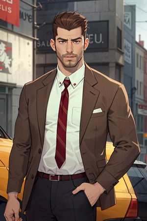 (1 image only), solo male, bara, Chase Devineaux, French, detective, brown hair, short hair, hair slicked back, brown eyes, sideburns, facial hair, broad stubble, white collared shirt, striped brown/red necktie, pure brown suit jacket, pants, mature, handsome, charming, alluring, standing, upper body , perfect anatomy, perfect proportions, (best quality, masterpiece), high_resolution, photorealistic, hyperrealistic, madly detailed photo, hyper-realistic lifelike texture, picture-perfect face, (realistic eyes, perfect eyes, perfect eye pupil), perfect hands, dutch angle