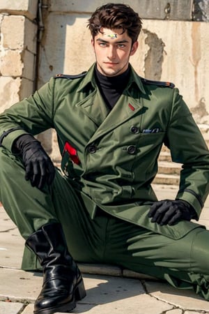 (1 image only), (solo male), 1boy, Sadik Adnan, Turkey, Hetalia: Axis Powers, Turkish male, olive-skinned, facial hair, chinstrap stubble, sideburns, (clean face), brown eyes, brown hair, short hair, grin, long green military trench coat, knee-high boots, black gloves, handsome, mature, charming, alluring, full body, perfect anatomy, perfect proportions, 8k, HQ, (best quality:1.2, masterpiece:1.3), high_resolution, perfect eye pupil, dutch angle, perfecteyes, Hagia sophia loction, building, 2d, flat, cartoon, better_hands, perfecteyes, Male focus, (spread legs)