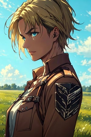 1girl, solo, Nanaba, Attack on Titan, blue eyes, wore standard Survey Corps uniform with a light-colored v-neck underneath, (blond hair) short light hair, petite build, beautiful, handsome female, charming, alluring, gentle expression, soft expression, calm, smile (standing), (upper body in frame), simple background, green plains, sky, dawn light, cinematic light, perfect anatomy, perfect proportions, 8k, HQ, HD, UHD, (best quality:1.5, hyperrealistic:1.5, photorealistic:1.4, madly detailed CG unity 8k wallpaper:1.5, masterpiece:1.3, madly detailed photo:1.2), (hyper-realistic lifelike texture:1.4, realistic eyes:1.2), picture-perfect face, perfect eye pupil, detailed eyes, dynamic, (dutch angle), (side view), AttackonTitan,perfecteyes, Nanaba,1 girl