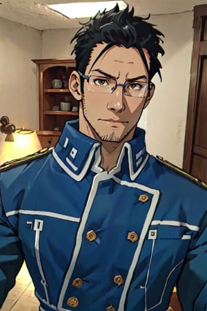 1boy, solo, Maes Hughes, Fullmetal Alchemist, anime,  2D, tall, lean, black hair, jovially spiky hair, brown eyes, rectangular spectacles framed, 29 years old, mature, blue military uniform, manly, masculine, handsome, charming, alluring, office, (standing), (upper body in frame), perfect light, perfect anatomy, perfect proportions, perfect perspective, 8k, HQ,  (best quality:1.2, masterpiece:1.2, madly detailed), perfect face, front view, portrait