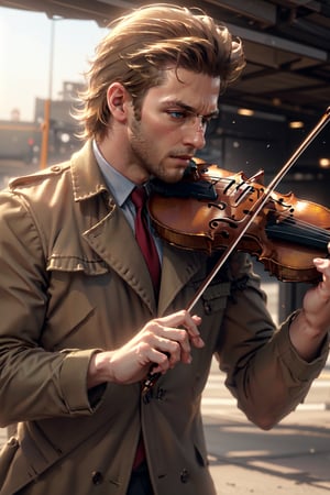 Kazuhira Miller, blue eyes, blond hair, stubble, (wore aviator sunglasses:1.1), white collared shirt, green suit with a red tie,  open khaki trench coat, fit body, handsome, charming, alluring, intense gaze, (playing_violin:1.2), violin,  (upper body in frame), perfect light, (Metal Gear Solid location), perfect anatomy, perfect proportions, perfect perspective, 8k, HQ, (best quality:1.2, hyperrealistic:1.2, photorealistic:1.2, madly detailed CG unity 8k wallpaper:1.2, masterpiece:1.2, madly detailed photo:1.2), (hyper-realistic lifelike texture:1.2, realistic eyes:1.2), picture-perfect face, perfect eye pupil, detailed eyes, realistic, HD, UHD,violin