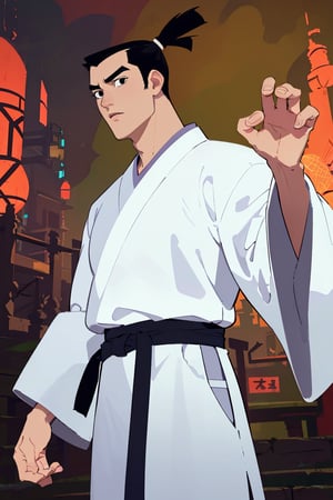 (1 image only), solo male, Samurai Jack, Cartoon Network style, Asian, Japanese, black hair, topknot, black eyes, geta, white Karate gi, white Obi, wide sleeves, mature, handsome, charming, alluring, standing, upper body, perfect anatomy, perfect proportions, (best quality, masterpiece), perfect hands, high_resolution, dutch angle, cowboy shot, fine art, 2d, flat, single placket, grey placket