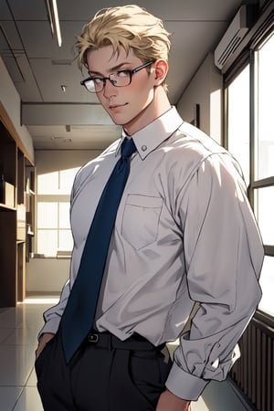 reiner braun, hazel eyes, blond hair, short hair, bare forehead, (stubble:1.2), (wore rectangular spectacles framed glasses:1.2), (light blue collared shirt:1.3, deep blue necktie:1.2, black pants), tucked-in shirts, manly, hunk, masculine, virile, confidence, charming, alluring, smile, standing, (upper body in frame), 1920s artdeco style room, golden and black background, perfect light, perfect anatomy, perfect proportions, perfect perspective, 8k, HQ, (best quality:1.5, hyperrealistic:1.5, photorealistic:1.4, madly detailed CG unity 8k wallpaper:1.5, masterpiece:1.3, madly detailed photo:1.2), (hyper-realistic lifelike texture:1.4, realistic eyes:1.2), picture-perfect face, perfect eye pupil, detailed eyes, realistic, HD, UHD, look at viewer, solo, art_deco_fusion, mature