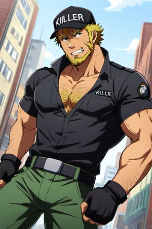 score_9, score_8_up, score_7_up, score_6_up, perfect anatomy, perfect proportions, best quality, masterpiece, high_resolution, high quality, best aesthetic, incredibly absurdres, highres, extremely detailed, huge filesize, mature, masculine, manly, virile, handsome, charming, alluring, bara, male focus, solo male, cowboy shot, dutch angle, source_anime \(Cells at Work! CODE BLACK\), anime coloring \Cells at Work! CODE BLACK\), Killer T Cell \(Cells at Work! CODE BLACK\), CaWBlKillerTCell, blond hair, black eyes, sanpaku, long sideburns, facial hair, chinstrap beard, jawline beard, scar on face, scar on cheek,  (old man, wrinkle, rugged, brute face:1.4), CaWBKillerTCell_outfit, black cap, Killer T Cell cap \(Cells at Work\), black earpiece, Killer T Cell uniform \(Cells at Work\), black shirt, partially unbuttoned shirt, chest hair, short sleeves, black fingerless gloves, (black long pants), grin, from below, Cells at Work city background, outdoors