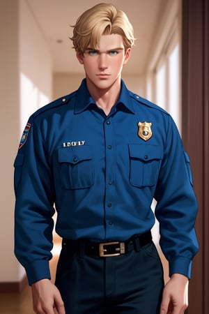 score_9,score_8_up,score_7_up, solo male, Lewis Smith, (blond hair), short hair, sideburns, blue eyes, (American police uniform, black collared shirt, black pants), (upperbody), cowby shot, dutch angel, mature, handsome, charming, alluring, masculine,manly, hunk, look at viewer, perfect anatomy, perfect proportions, best quality, masterpiece, high_resolution, photo background, cinematic still, gorgeous, outdoor