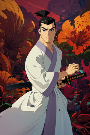 (1 image only), solo male, Samurai Jack, Cartoon Network style, Asian, Japanese, black hair, topknot, black eyes, geta, white kimono, white sashes, wide sleeves, mature, handsome, charming, alluring, uperfect anatomy, perfect proportions, (best quality, masterpiece), perfect hands, high_resolution, dutch angle, cowboy shot, fine art, (2d, flat), (single placket),  fighting_stance, holding sword,battoujutsu