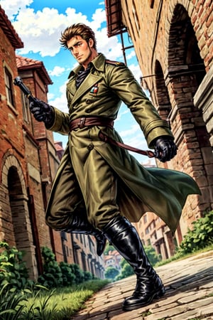 (1 image only), (solo male), 1boy, Sadik Adnan, Turkey, Hetalia: Axis Powers, Turkish male, olive-skinned, facial hair, chinstrap stubble, sideburns, (clean face), brown eyes, brown hair, short hair, long green military trench coat, knee-high boots, black gloves, handsome, mature, charming, alluring, full body, perfect anatomy, perfect proportions, 8k, HQ, (best quality:1.2, masterpiece:1.3), high_resolution, perfect eye pupil, dutch angle, perfecteyes, Hagia sophia loction, building, 2d, flat, cartoon, (Hands:1.1), better_hands,perfecteyes,#realistic