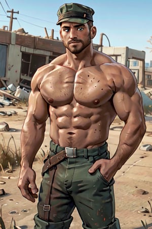 Robert MacCready, blue eyes, light brown hair, facial hair, ((topless, shirtless)), hat, military green pants, fit body, handsome, charming, alluring, shy, erotic, dashing, intense gaze, (standing), (upper body in frame), ruined overhead interstate, Fallout 4 location, post-apocalyptic ruins, desolated landscape, dark blue sky, polarising filter, perfect light, only1 image, perfect anatomy, perfect proportions, perfect perspective, 8k, HQ, (best quality:1.2, hyperrealistic:1.2, photorealistic:1.2, madly detailed CG unity 8k wallpaper:1.2, masterpiece:1.2, madly detailed photo:1.2), (hyper-realistic lifelike texture:1.2, realistic eyes:1.2), picture-perfect face, perfect eye pupil, detailed eyes, realistic, HD, UHD,(1man),s0ftabs