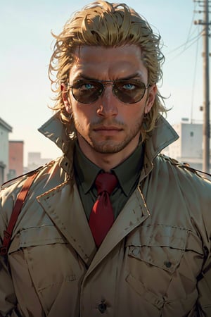 Kazuhira Miller, blue eyes, blond hair, stubble, wore aviator sunglasses, white collared shirt, green suit with a red tie,  khaki trench coat, fit body, handsome, charming, alluring, intense gaze, (standing), (upper body in frame), perfect light, only1 image, perfect anatomy, perfect proportions, perfect perspective, 8k, HQ, (best quality:1.2, hyperrealistic:1.2, photorealistic:1.2, madly detailed CG unity 8k wallpaper:1.2, masterpiece:1.2, madly detailed photo:1.2), (hyper-realistic lifelike texture:1.2, realistic eyes:1.2), picture-perfect face, perfect eye pupil, detailed eyes, realistic, HD, UHD, front view, portrait