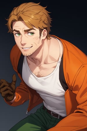 (1 image only), solo male, Gagumber, Sakugan, physical laborer worker, brown hair, two-tone hair, stubble, sideburns, green eyes, thick eyebrows, (white tank top), (orange High-visibility jacket), open jacket, green work pants, black boots, black gloves, mature, handsome, charming, alluring, smile, ((portrait, close-up)), perfect anatomy, perfect proportions, high_resolution, dutch angle, detailed background, cyberpounk city