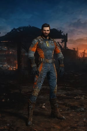 solo male, realistic, Paladin Danse, Fallout 4, short hair, warm black hair, light brown eyes, beard, orange-gray Brotherhood of Steel uniform, orange-gray bodysuit, gloves, boots, mature, handsome, charming, alluring, standing, upper body, perfect anatomy, perfect proportions, best quality, masterpiece, high_resolution, dutch angle, cowboy shot, photo background, ruined overhead interstate, Fallout 4 location, post-apocalyptic ruins, desolated landscape, dark blue sky