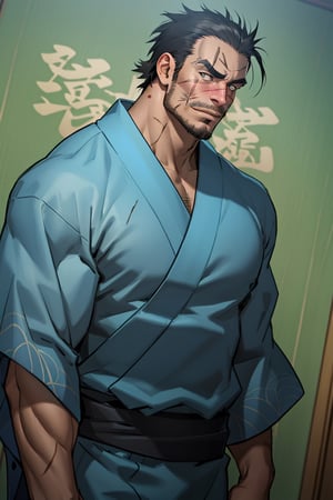 solo male, Gōzaburō Seto, My Bride is a Mermaid, Japanese, short hair, black hair,  black eyes, facial hair, thick eyebrows, scar on face, scar on nose, scar across eye, sideburns, yukata, japanese sandals, mature, handsome, charming, alluring, standing, upper body, perfect anatomy, perfect proportions, best quality, masterpiece, high_resolution, dutch angle, cowboy shot, photo background