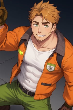 (1 image only), solo male, Gagumber, Sakugan, physical laborer worker, brown hair, two-tone hair, stubble, green eyes, thick eyebrows, (white tank top), (orange High-visibility jacket), open jacket, green work pants, black boots, black gloves, mature, handsome, charming, alluring, smile, ((portrait, close-up)), perfect anatomy, perfect proportions, high_resolution, dutch angle, detailed background, cyberpounk city